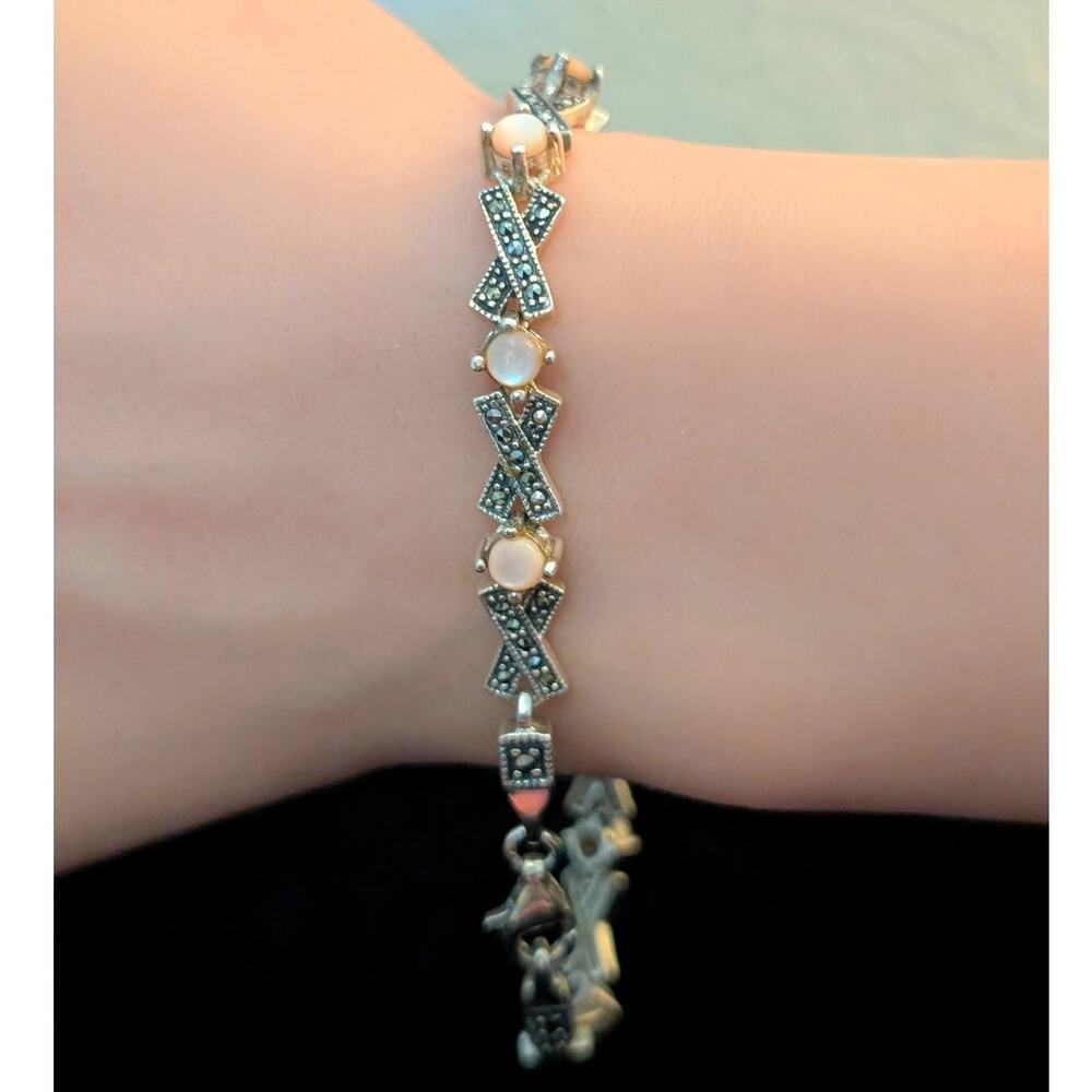 VTG 925 Sterling Silver Pink Moonstone Marcasite X & O Chain Link Bracelet